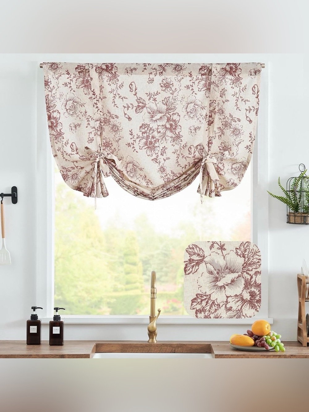 Floral Linen Blend Tie-Up Roman Shade Curtain Valance 42x45 Light Filtering